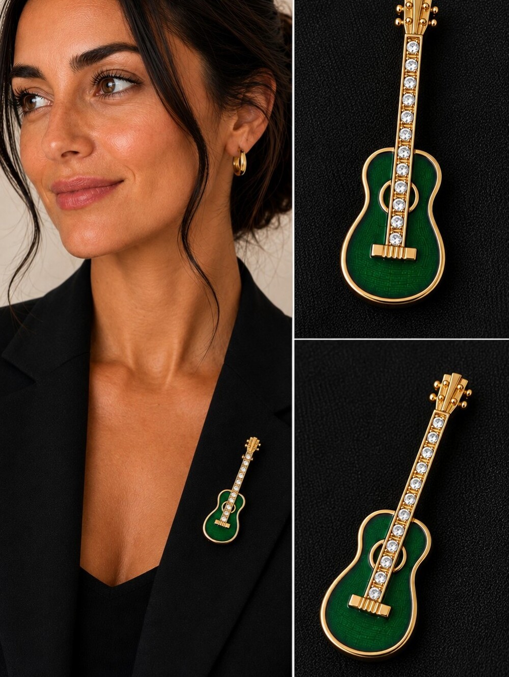 Vintage Italian 18K Gold Diamond & Green Enamel Guitar Brooch ★966 AR